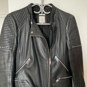 Black Leather Jacket with Asymmetrical Zipper and Quilting
